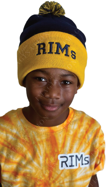 RIMs navy/gold cuffed pom-pom beanie