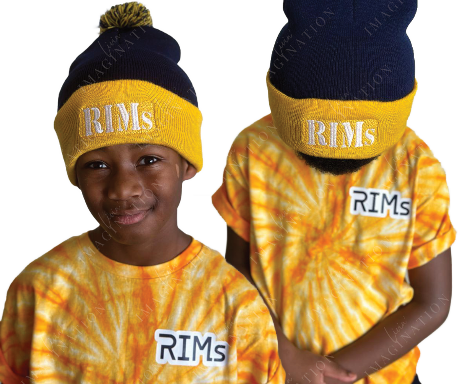 RIMs navy/gold cuffed pom-pom beanie