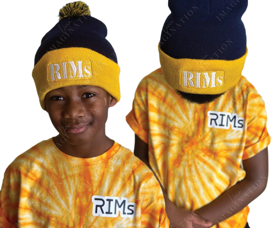 RIMs navy/gold cuffed pom-pom beanie