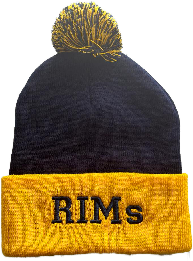 RIMs navy/gold cuffed pom-pom beanie