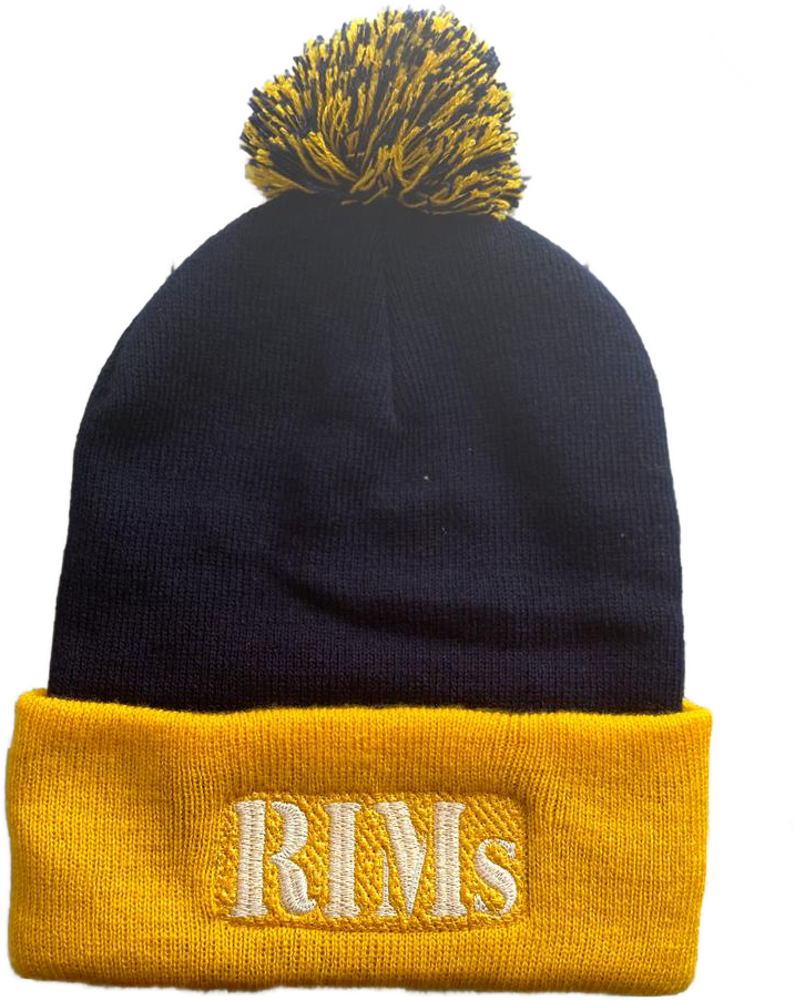 RIMs navy/gold cuffed pom-pom beanie